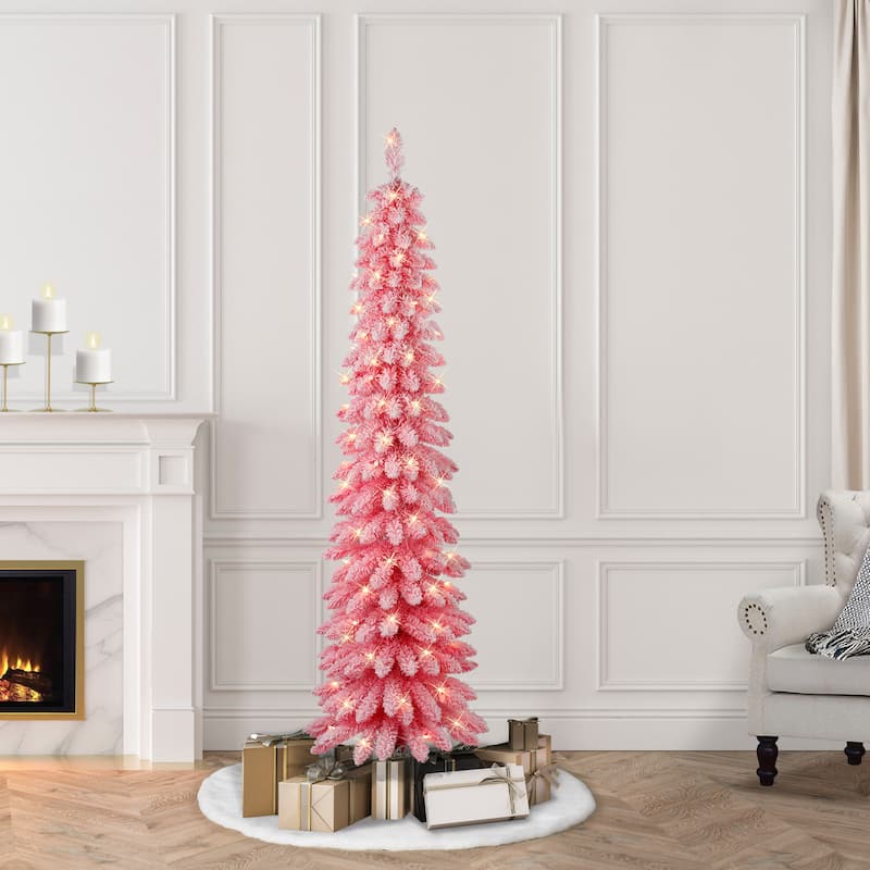 Puleo International 6 ft. Pre-Lit Flocked Pink Artificial Alpine Pencil Tree