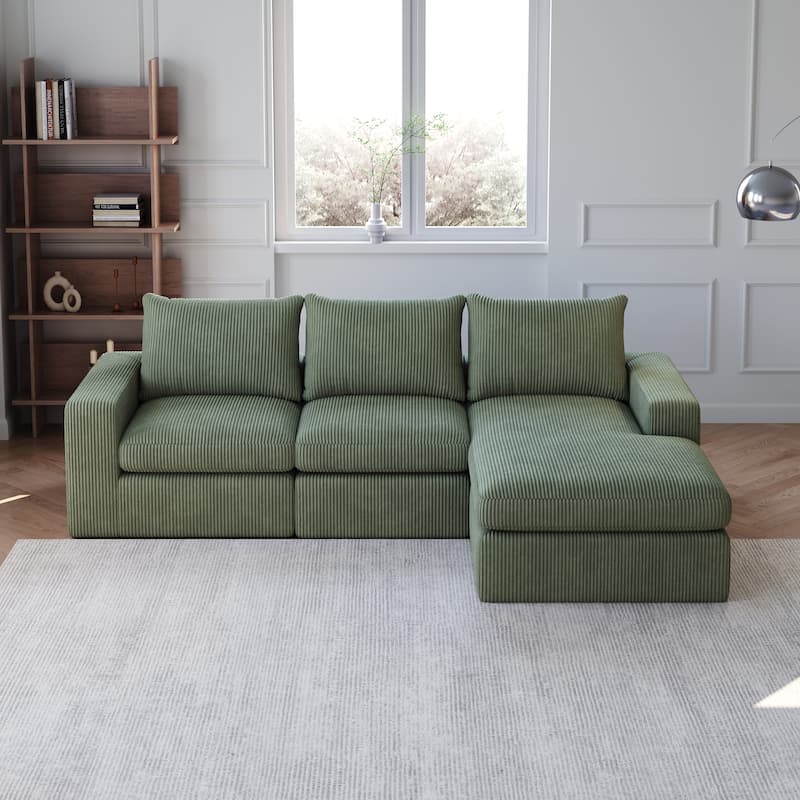 Roomfitters Modern 3-Seater Corduroy Cloud Sectional Sofa with Chaise, L-Shaped Boneless Couch with Pillows