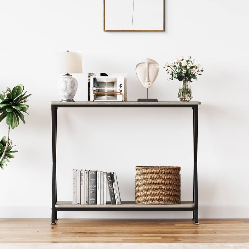 Sofa Tables Narrow Entryway Table with Storage Shelf and Metal Frame - 33.5''L x 11.8''W x 31.8''H - Grey