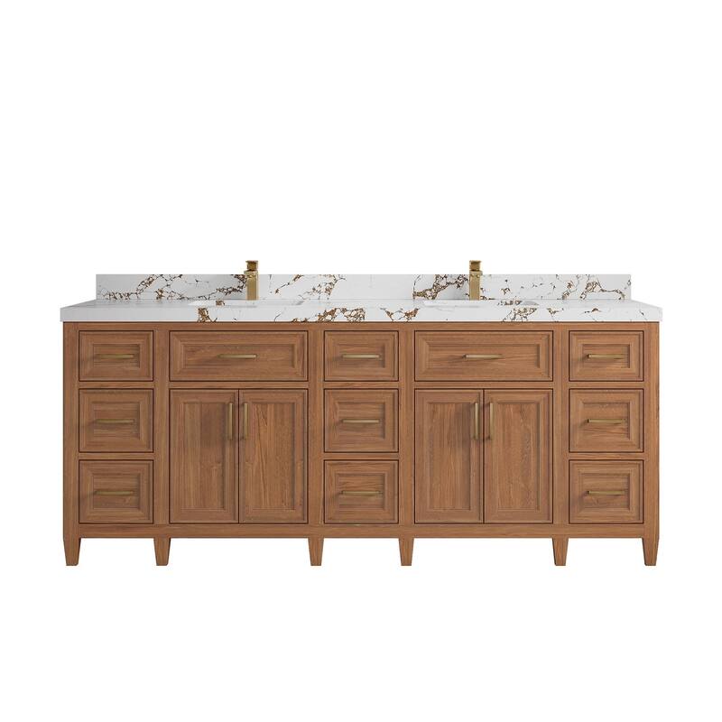 Willow Collections 84 in. W x 22 in. D Santa Monica Teak Double Sink Bathroom Vanity with Countertop - 2"Viola Brown - Dark Natural