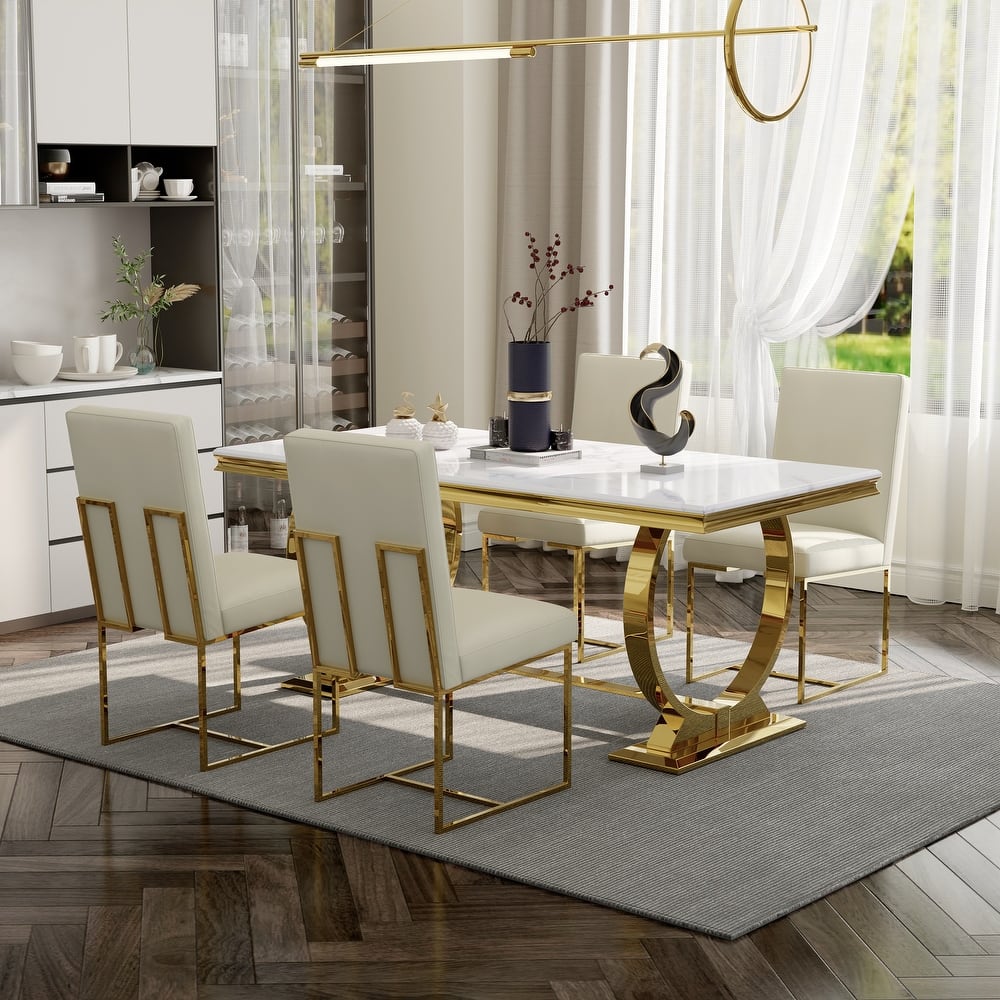 White and Gold Dining Room Table Set with 72 inch Table and White PU Leather Dining Chairs