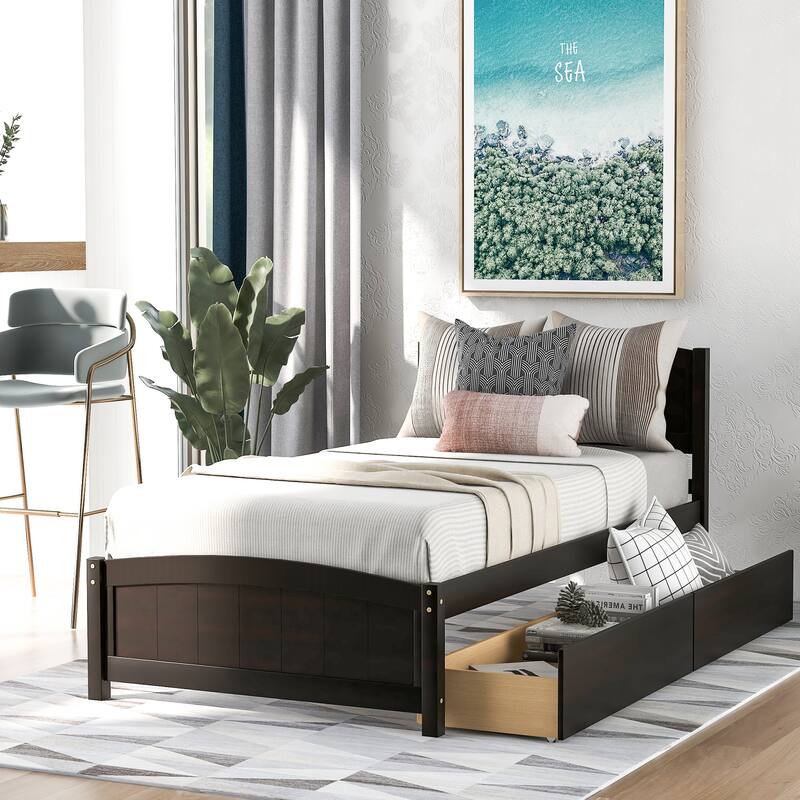 Solid Wood Twin Platform Bed with Under-Bed Drawers - Modern Design & Durability - Espresso - Twin