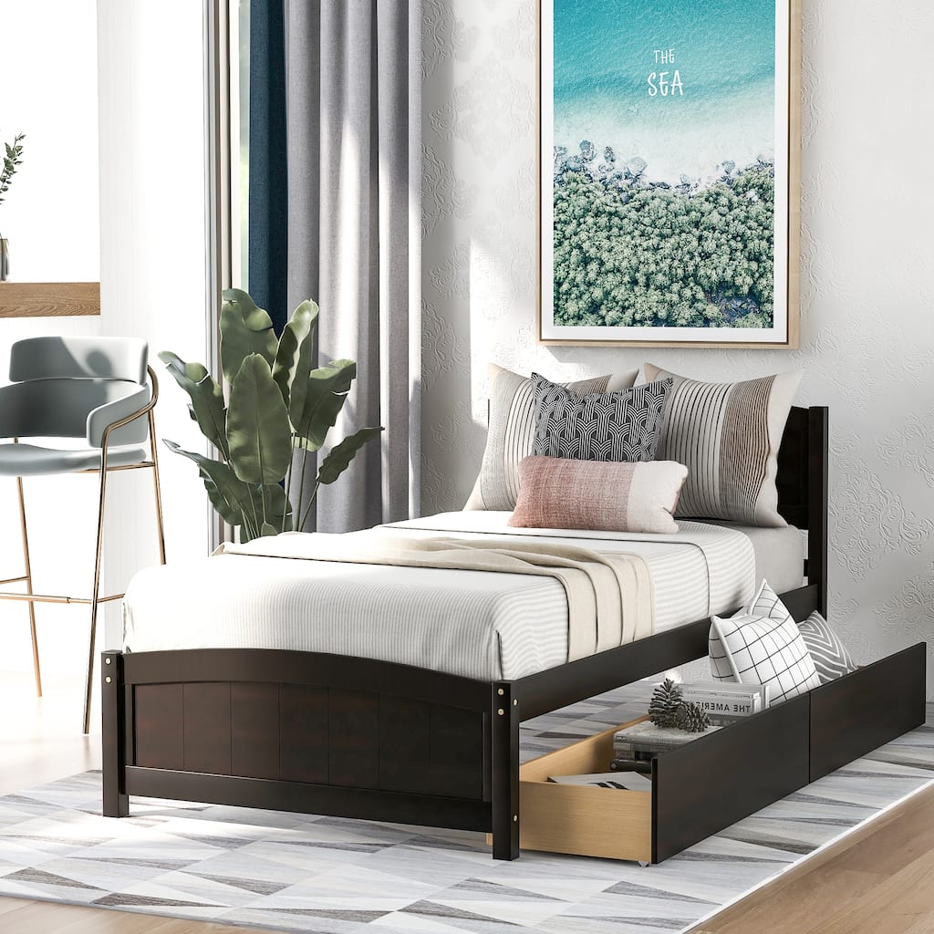 Twin size Platform bed with Two Drawers, Espresso