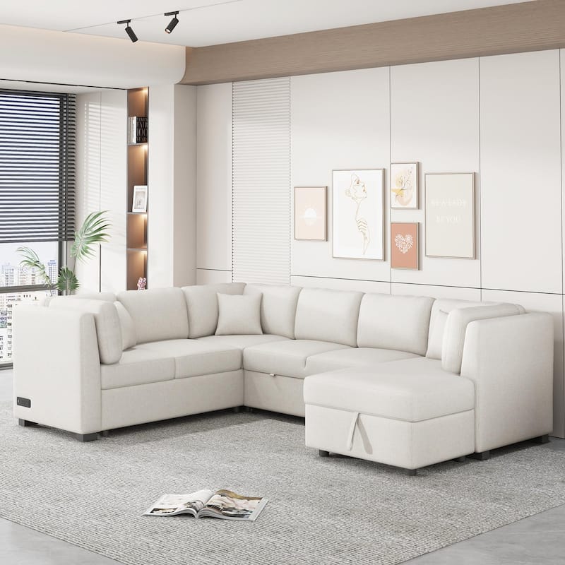 U-shaped Sectional Sofa Pull out Sofa Bed Chaise Lounge w/ USB Ports - Beige
