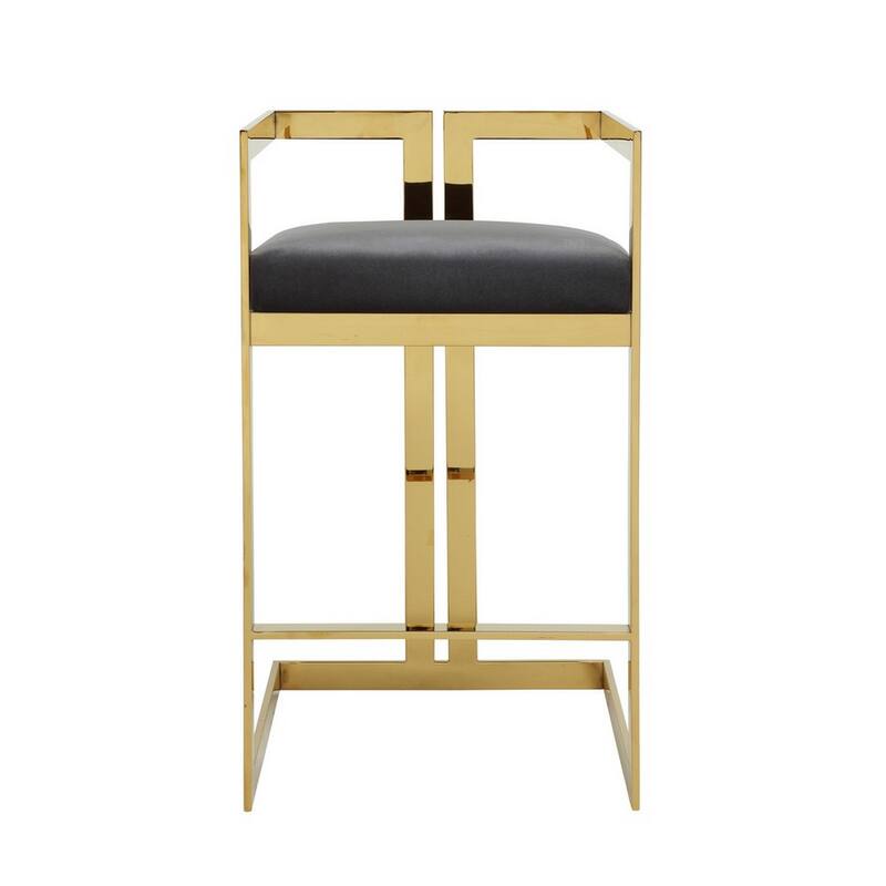 Zie 30 Inch Barstool Chair, Gray Velvet Padded Seat, Gold Steel Finish
