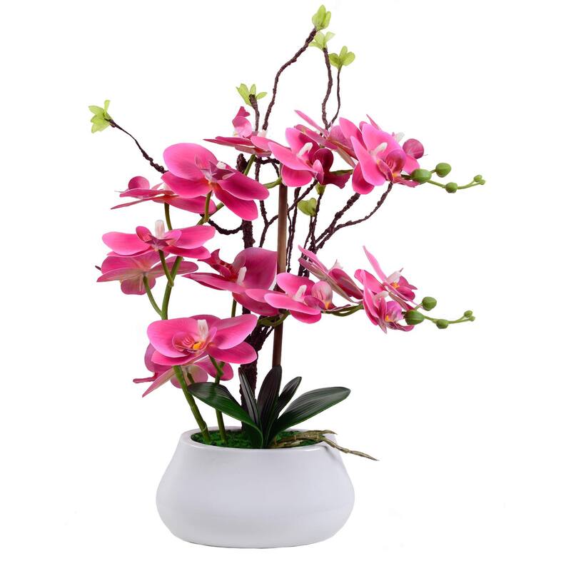 Artificial Orchid Plants and Flowers with Vase, Fake Faux Orchid in Ceramic Pot,17", Fuchsia - Green