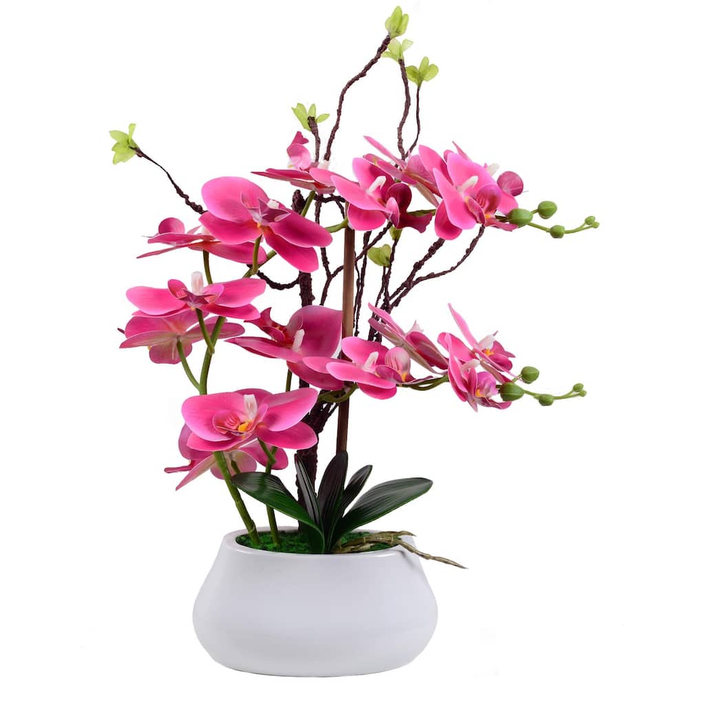 Artificial Orchid Plants and Flowers with Vase, Fake Faux Orchid in Ceramic Pot,17", Fuchsia