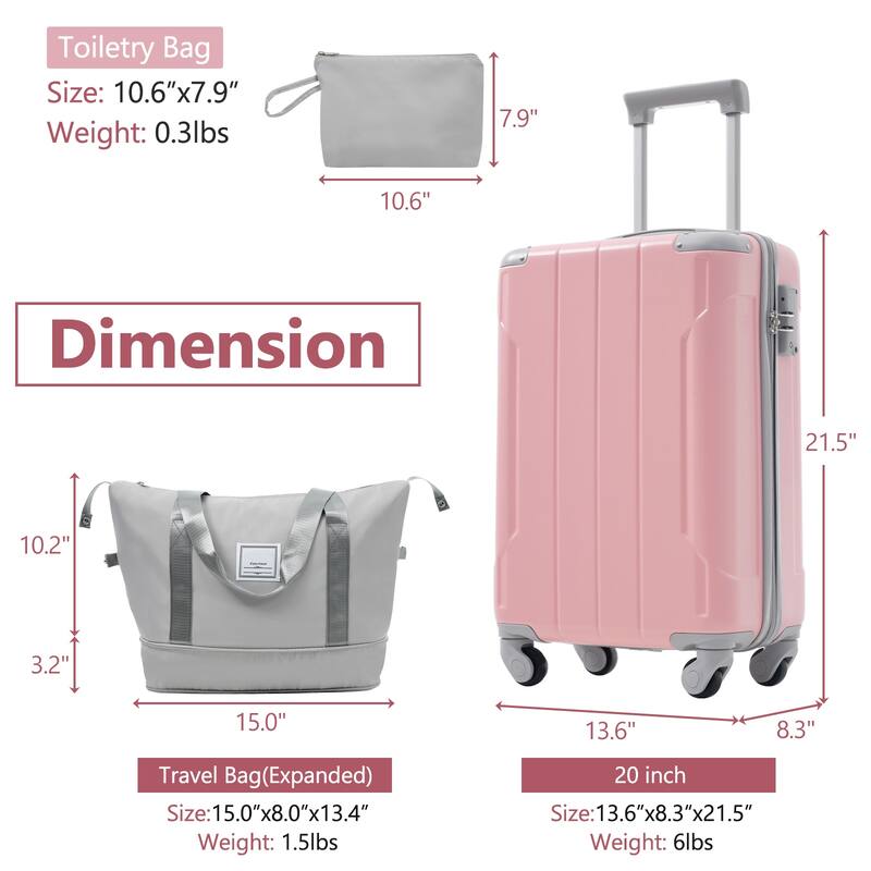 3-Piece, 20 Inch Modern Lightweight Hard Shell Luggage with 3-Level Telescopic Handle Spinner Wheels, for Boarding Travel