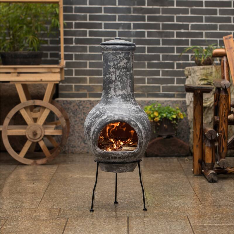 Gray Outdoor Clay Chiminea Outdoor Fireplace Stoney Scribbled Design Charcoal Burning Fire Pit with Sturdy Metal Stand, Barbecue