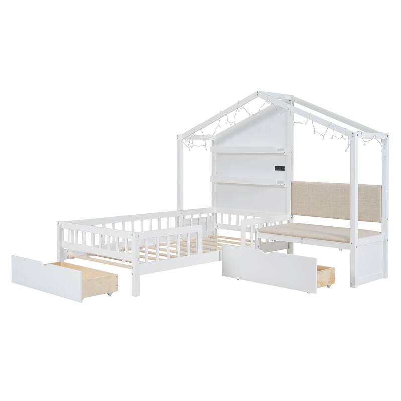 Stylish Twin House Bed with Sofa, Charging Station, Drawers & Shelves, Perfect for Space-Saving Comfort