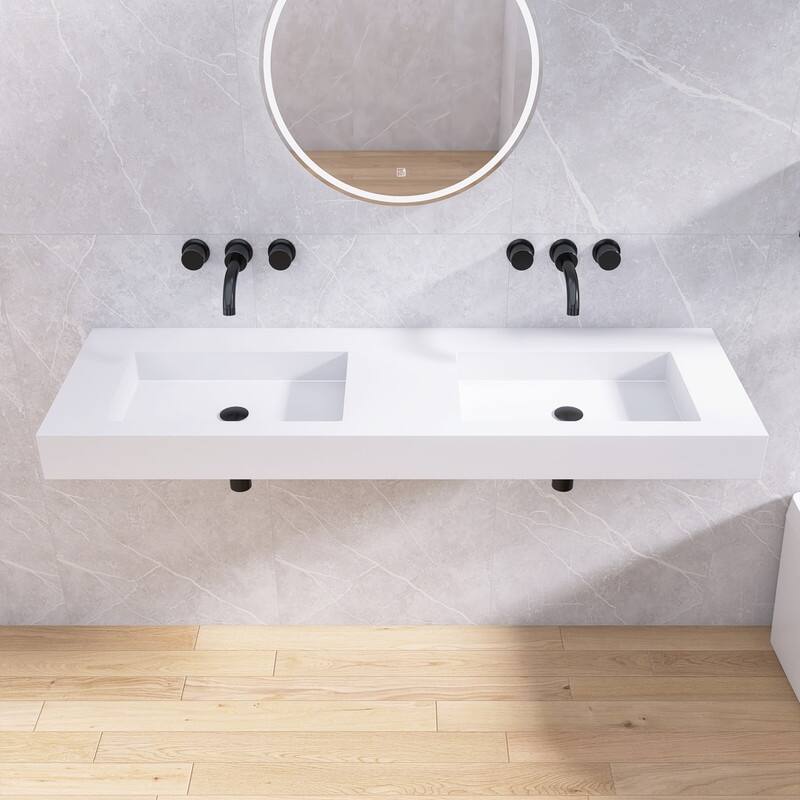 Tubcraft 47/59 in. Stone Solid Surface Wall-Mounted Rectangular Double Vessel Bathroom Sinks