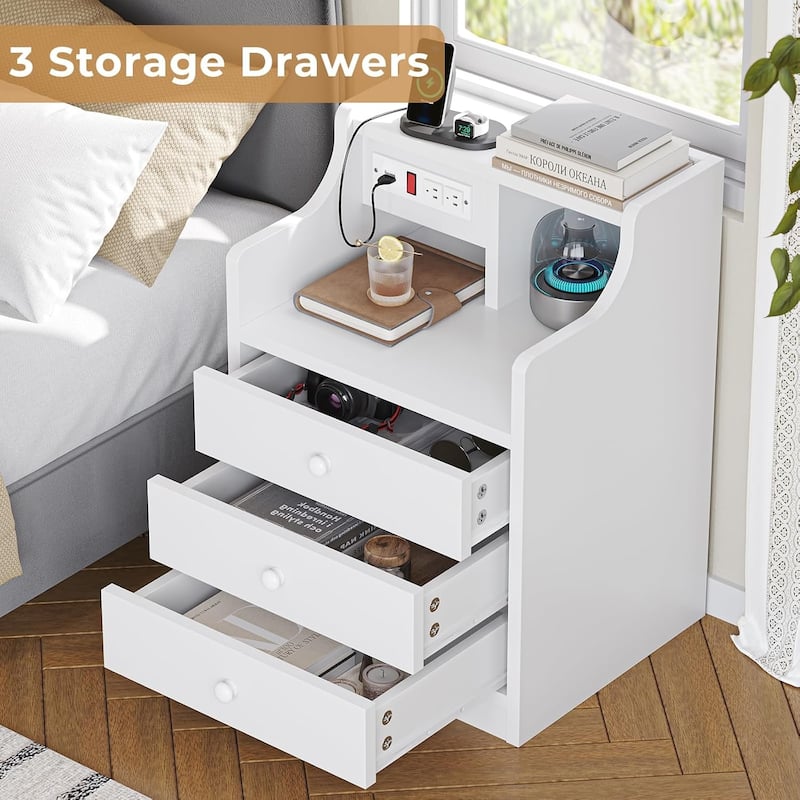 Nightstand with Drawers Charging Station End Side Table with Hutch