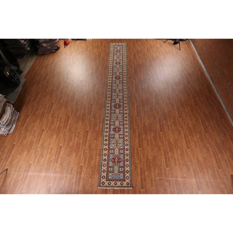Blue Kazak Oriental Runner Rug Hand-Knotted Wool Carpet - 2'7" x 20'7"