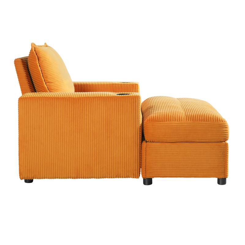 Roomfitters Oversized Chaise Lounge Chair with Storage Ottoman and Built-in USB Charging Port, Corduroy Sleeper Couch