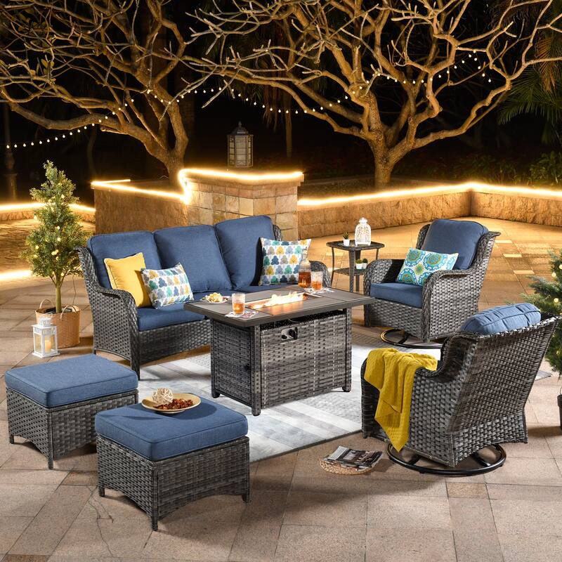 OVIOS 7-piece Patio Swivel Chair Set with 42" Fire Table - Denim Blue-Grey Wicker