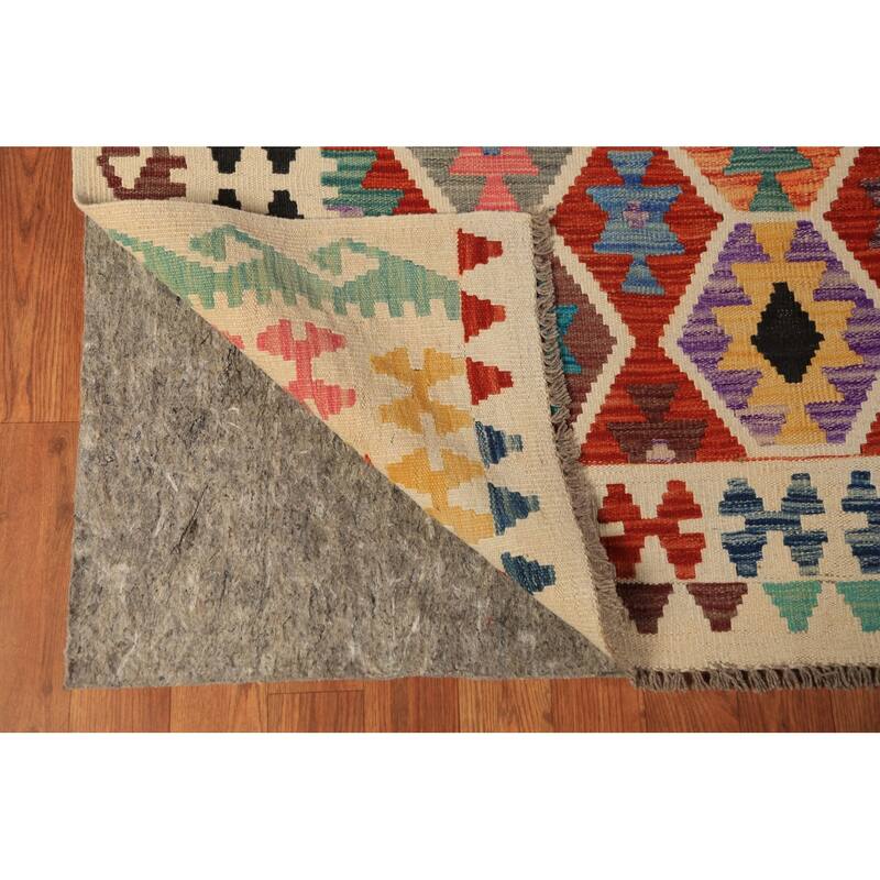 Orange Geometric Kilim Oriental Area Rug Hand-Woven Wool Carpet - 8'10"x 9'10"