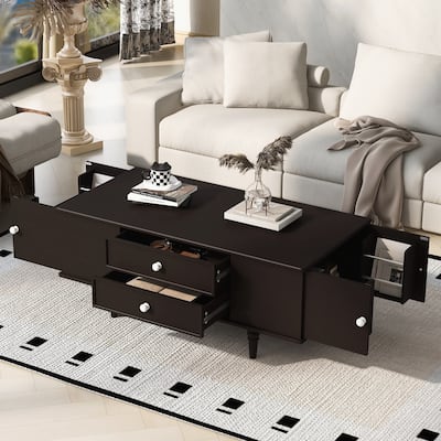 Modern Rectangle Coffee Table with Four Drawers, Two Side Hidden Storage Compartments, 47.2" Wood Coffee Table