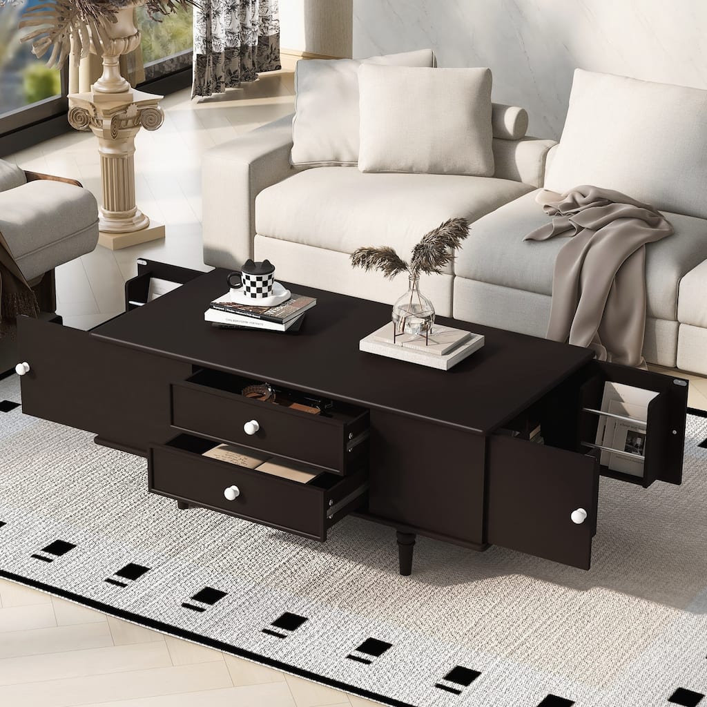 Modern Rectangle Coffee Table with Four Drawers, Two Side Hidden Storage Compartments, 47.2" Wood Coffee Table