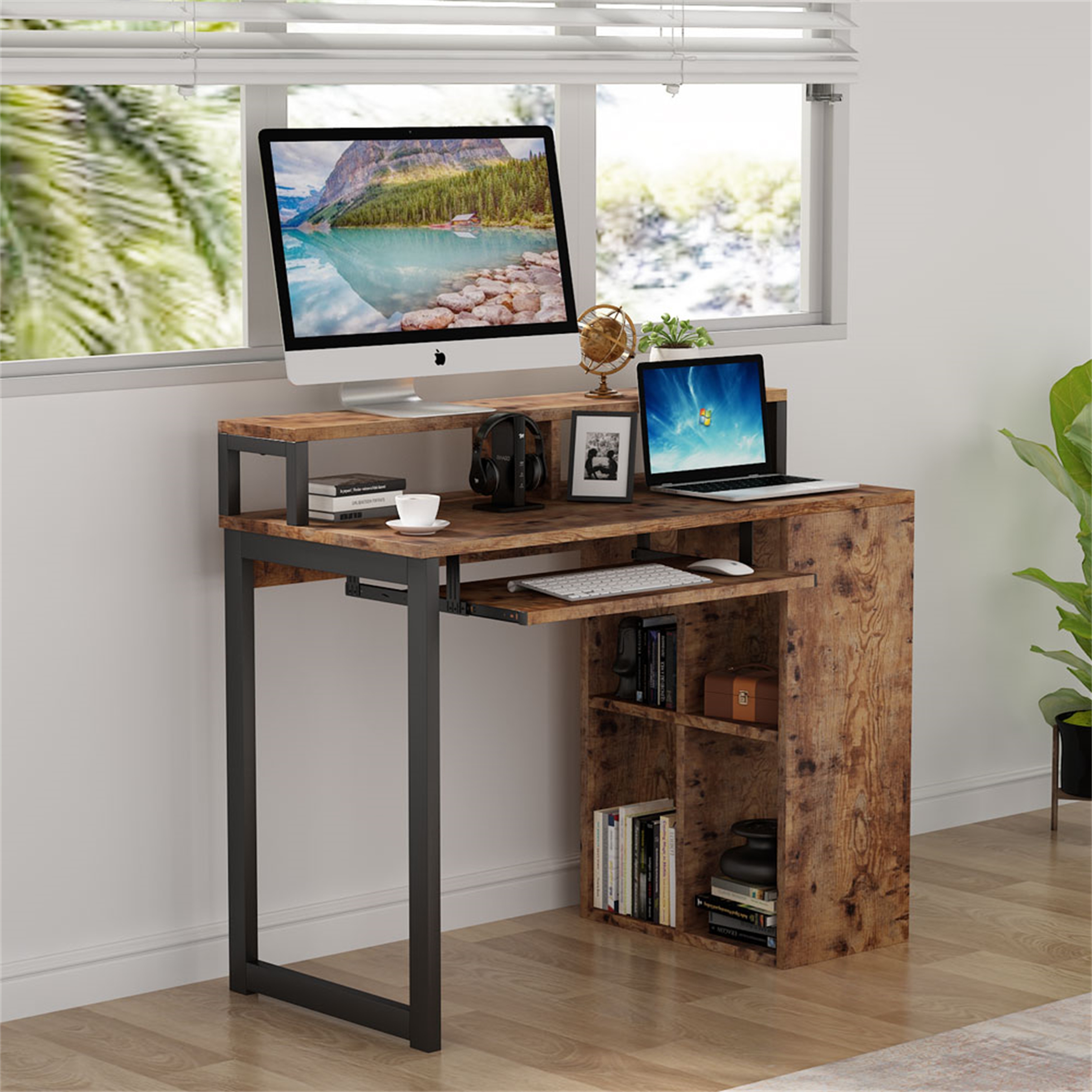 Industrial Computer Desk with 4-Cube Shelves & Push-Pull Keyboard TrayMaple