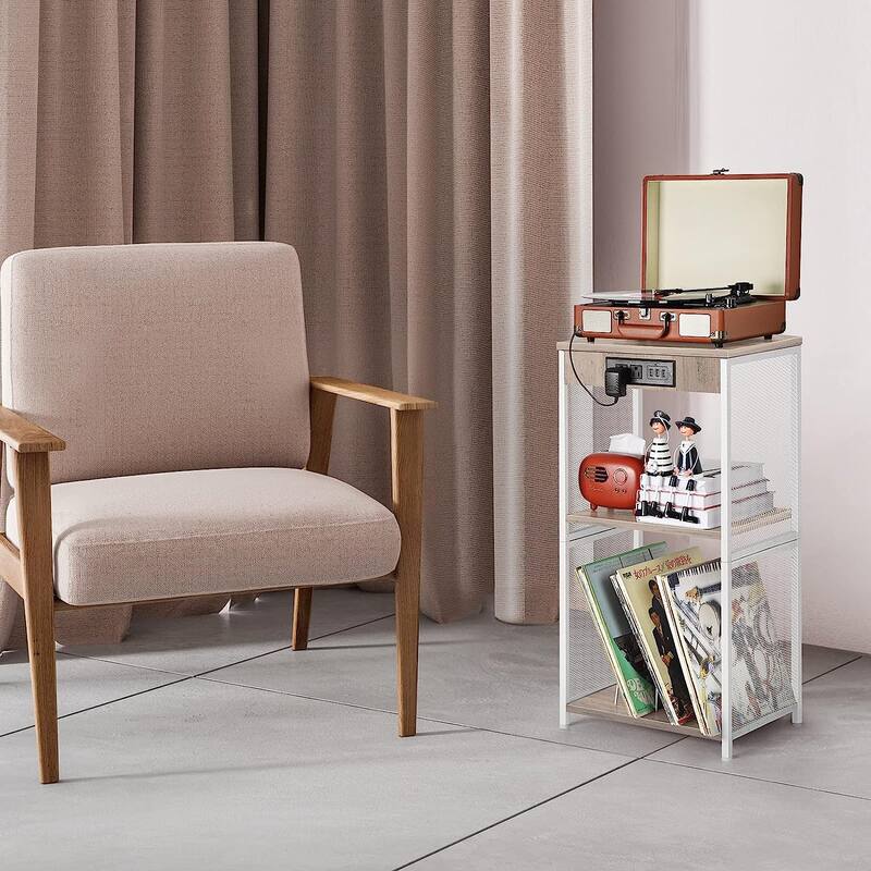 Vinyl Record Storage Table with Album Storage Power Outlet - White