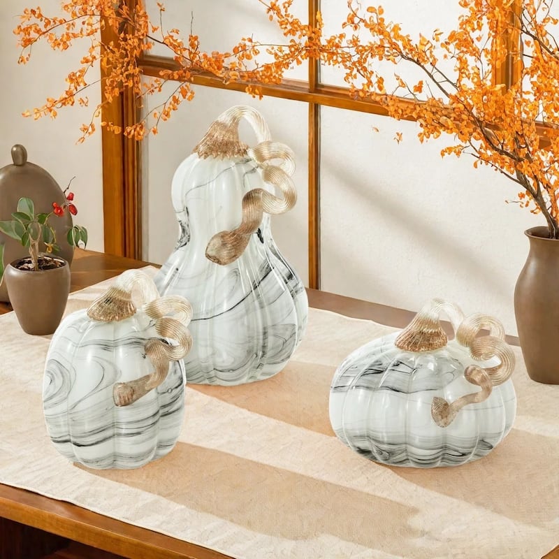 Glitzhome Fall Harvest Gray Marble Glass Pumpkin & Gourd Chinese Ink Wash Painting Style for Thanksgiving Decor (Set of 3)