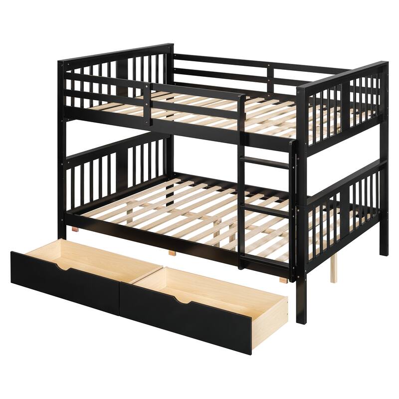 Roomfitters Full Over Full Bunk Bed with Drawers and Ladder, Solid Wood Frame for Bedroom or Guest Room