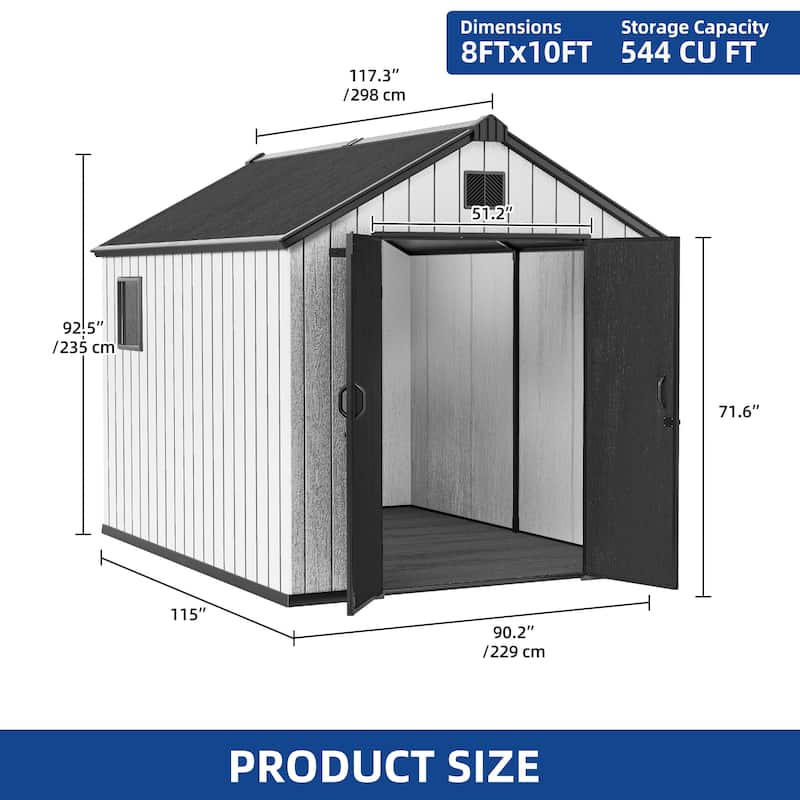 8x10 FT Outdoor Storage Shed with Lockable Door, Large 544 Cuft Resin Shed with Floor Roof Windows Vents