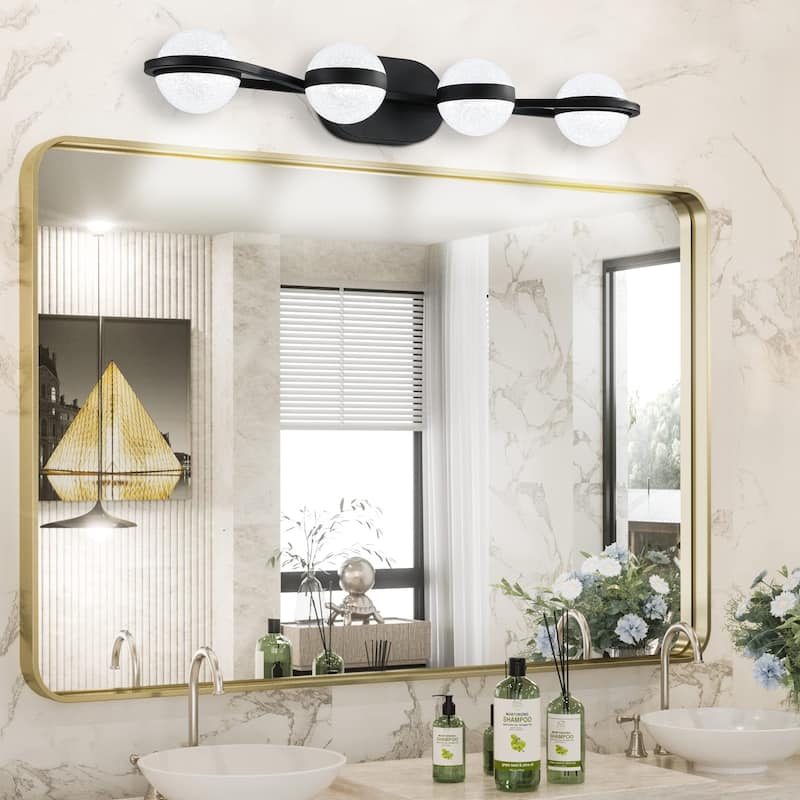 30" Black Minimalist LED Bathroom Vanity Light with Crystal Sand Acrylic Shades, 4-Light Wall Mounted Decorative Lighting - Black