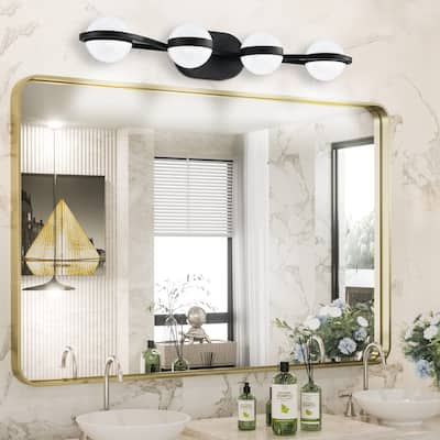 30" Black Minimalist LED Bathroom Vanity Light with Crystal Sand Acrylic Shades, 4-Light Wall Mounted Decorative Lighting