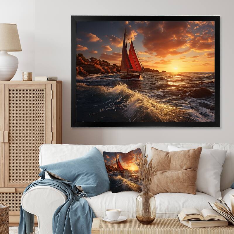 Designart "Spain Sunset Sail I" Nautical & Beach Framed Wall Art Prints - Black - 20 in. wide x 12 in. high