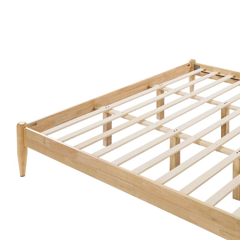 Solid Wood Platform Bed Frame with Ivory Fleece Upholstered Headboard, Wood Slats Support and Center Wood Legs