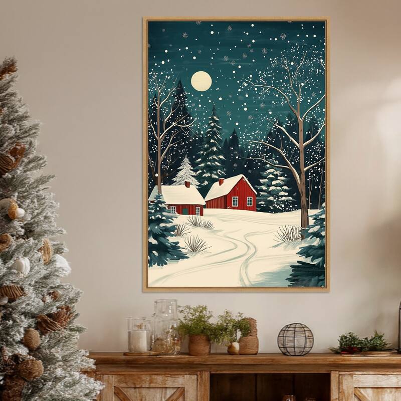 Red Houses and Snowy night sky by Pictufy Studio Framed Canvas Wall Art Print - Sylvie Natural