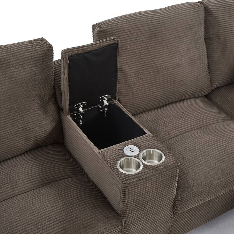 Corduroy Upholstered 4 Seat Sofa, U-shaped Sectional Sofa with Movable Storage Ottomans, Console, Cup Holders and USB Ports