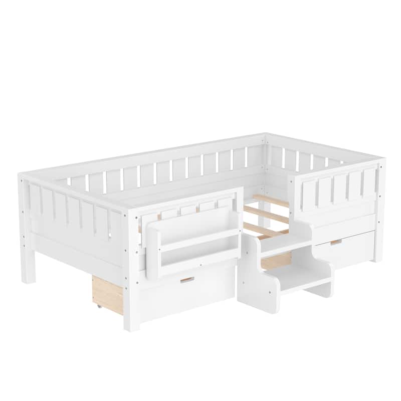 Multiple Colors Toddler Montessori Bed Children's Platform Bed with Low Profile Stairs, Built-in Bookshelf and Storage Drawers