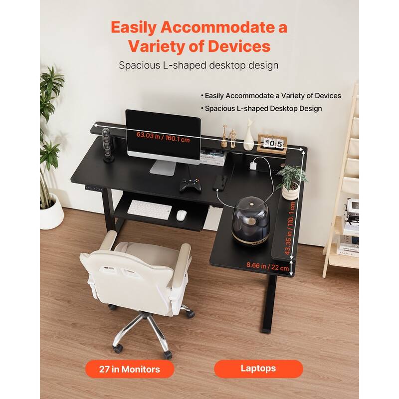 Black Particleboard L-Shaped Electric Height Adjustable Desk with LED Strip and Power Ports
