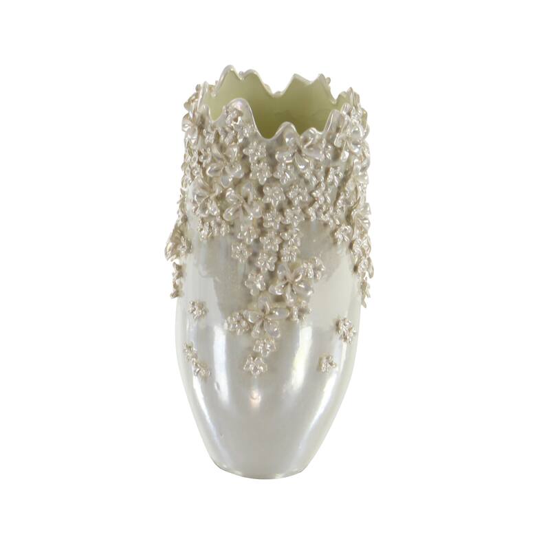 Ceramic Floral 3D Vase with Iridescent Glaze - Cream - Roche River Decor - 9"W x 9"L x 16"H