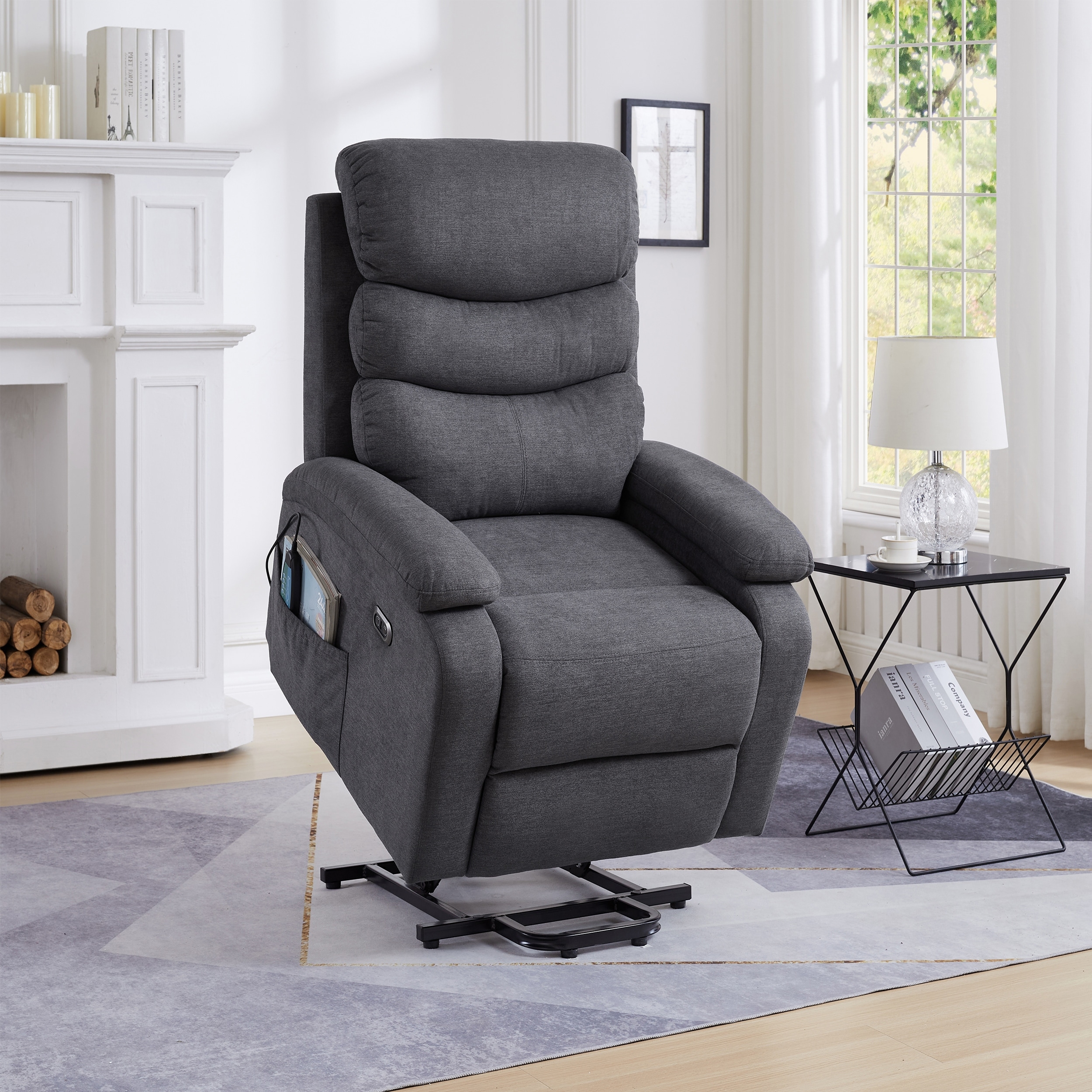 Grey Linen Power Lift Recliner Chair with Vibration and Heating