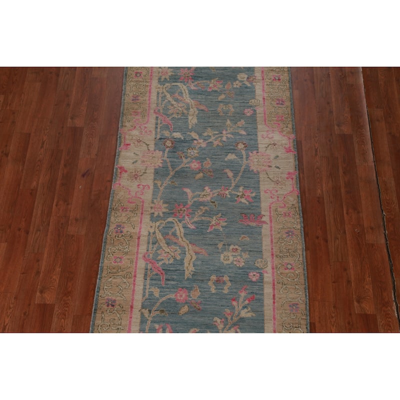 Hand Knotted Oriental 100% Wool Carpet Transitional All-Over Navy Blue & Blues Oushak Runner Rug - 12' 0'' X 2' 11''