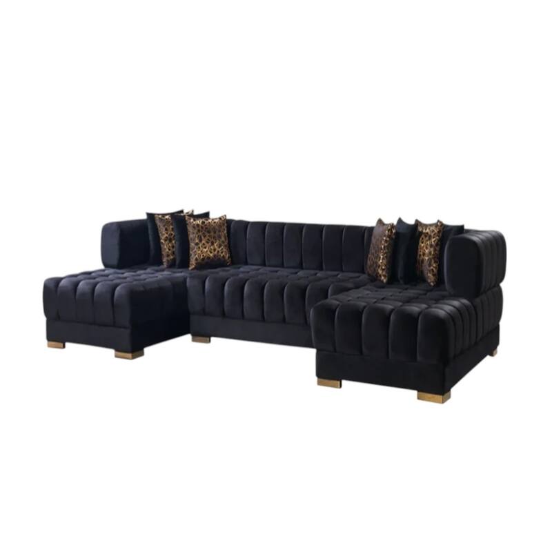 HomeRoots Black Velvet U Shaped Three Piece Sofa and Chaise Sectional With Toss Pillows