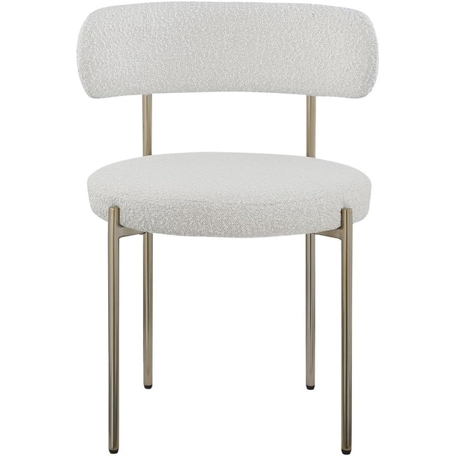 Modern Upholstered Dining Chair, Cream Boucle Fabric, Brass Finish Iron Frame, Set of 2