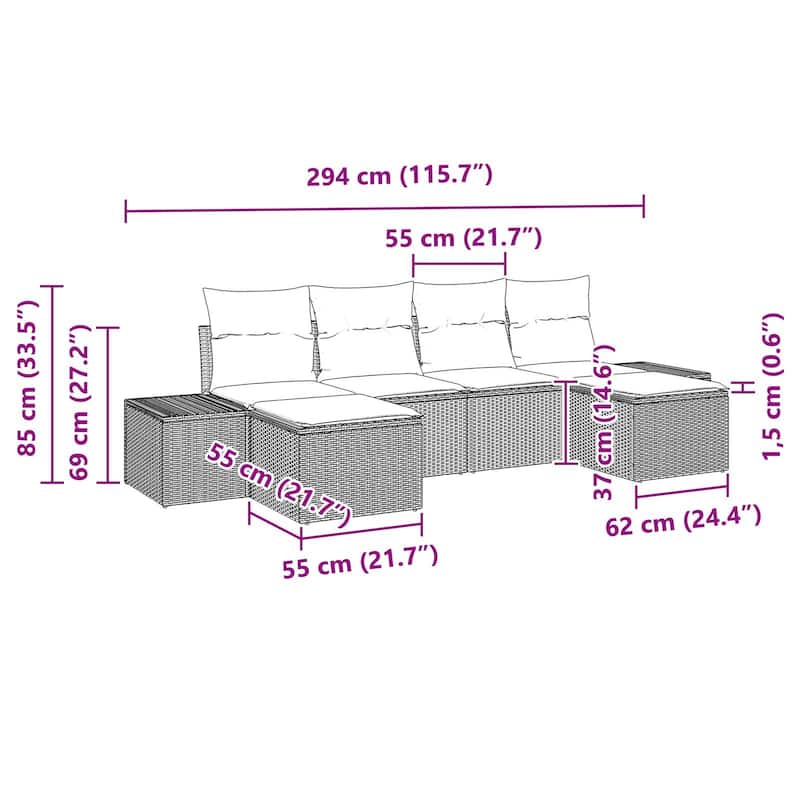 vidaXL 6 Garden Sofa Set with Cushions Black Poly Rattan - 115.7 x 46.1 x 27.2