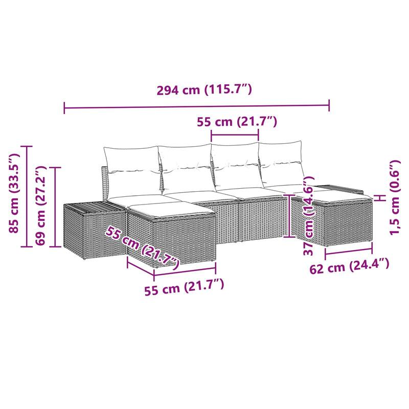vidaXL 6 Piece Garden Sofa Set with Cushions Black Poly Rattan - 46 x 116 x 27 in