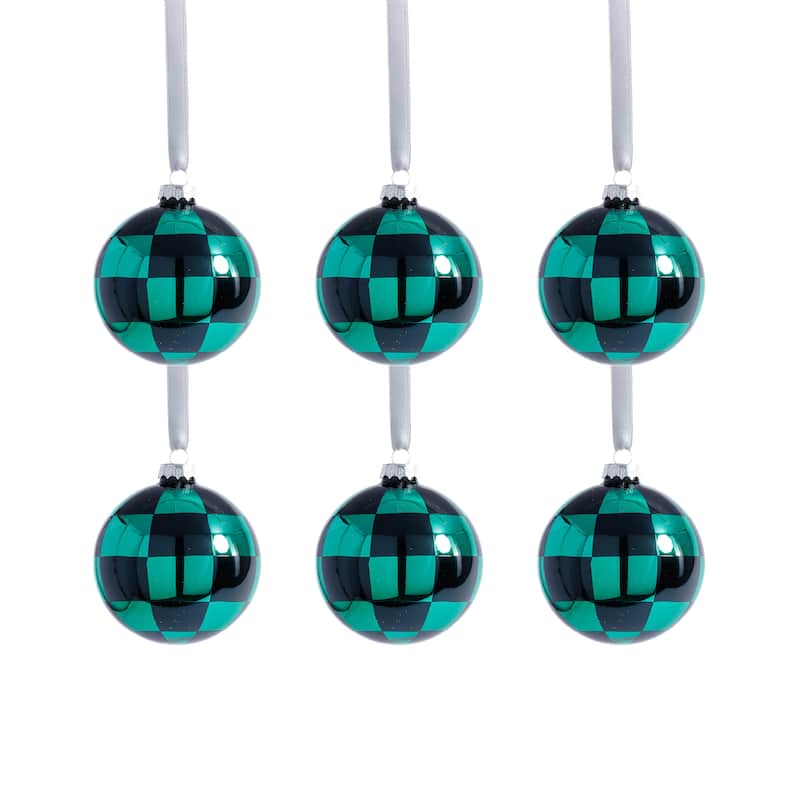 Checkered Glass Ball Christmas Ornaments, Set of 6, 3.25"