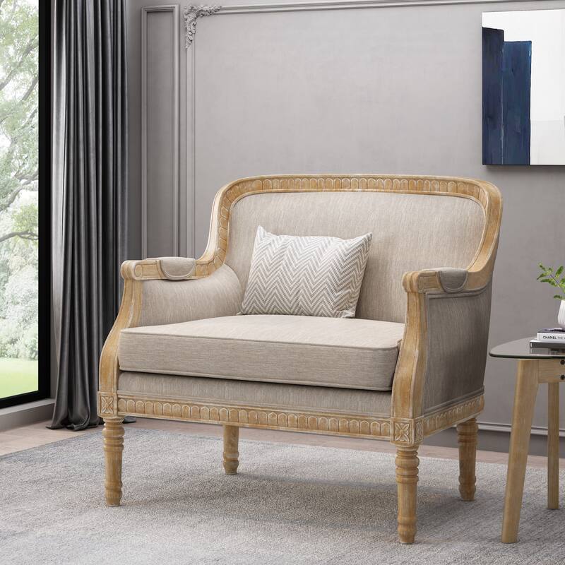 Roomfitters Upholstered Club Chair, Carved Wood Frame with Cushioned Seat, Classic Accent Armchair in Linen