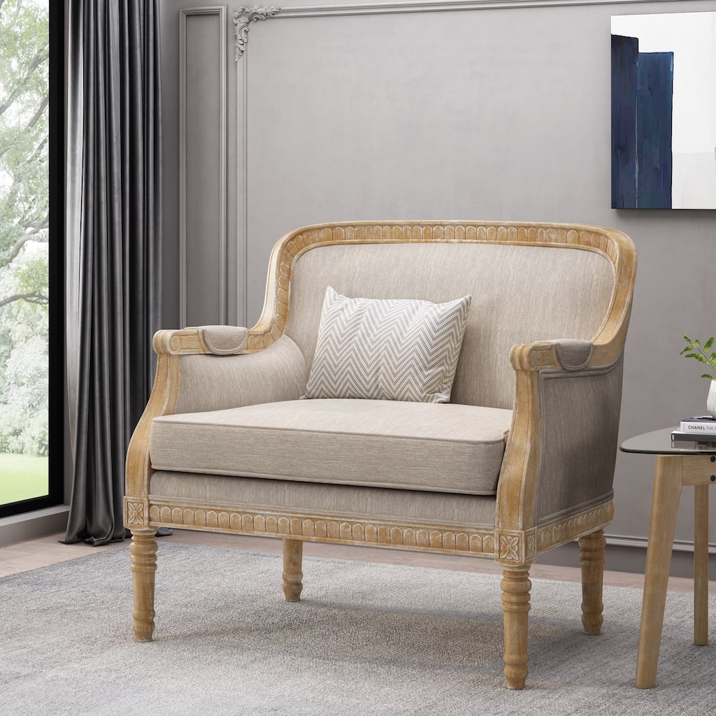 Roomfitters Upholstered Club Chair, Carved Wood Frame with Cushioned Seat, Classic Accent Armchair in Linen
