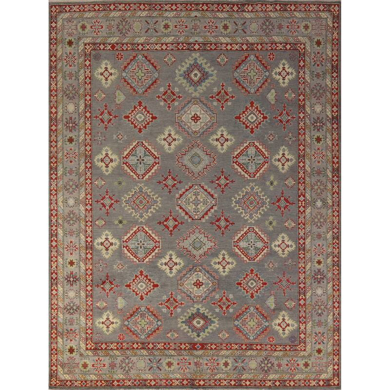 Hand Knotted Oriental 100% Wool Carpet Traditional Geometric Greys & Charcoal Kazak Area Rug - 9' 10'' X 8' 2''