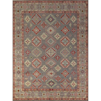 Hand Knotted Oriental 100% Wool Carpet Traditional Geometric Greys & Charcoal Kazak Area Rug - 9' 10'' X 8' 2''