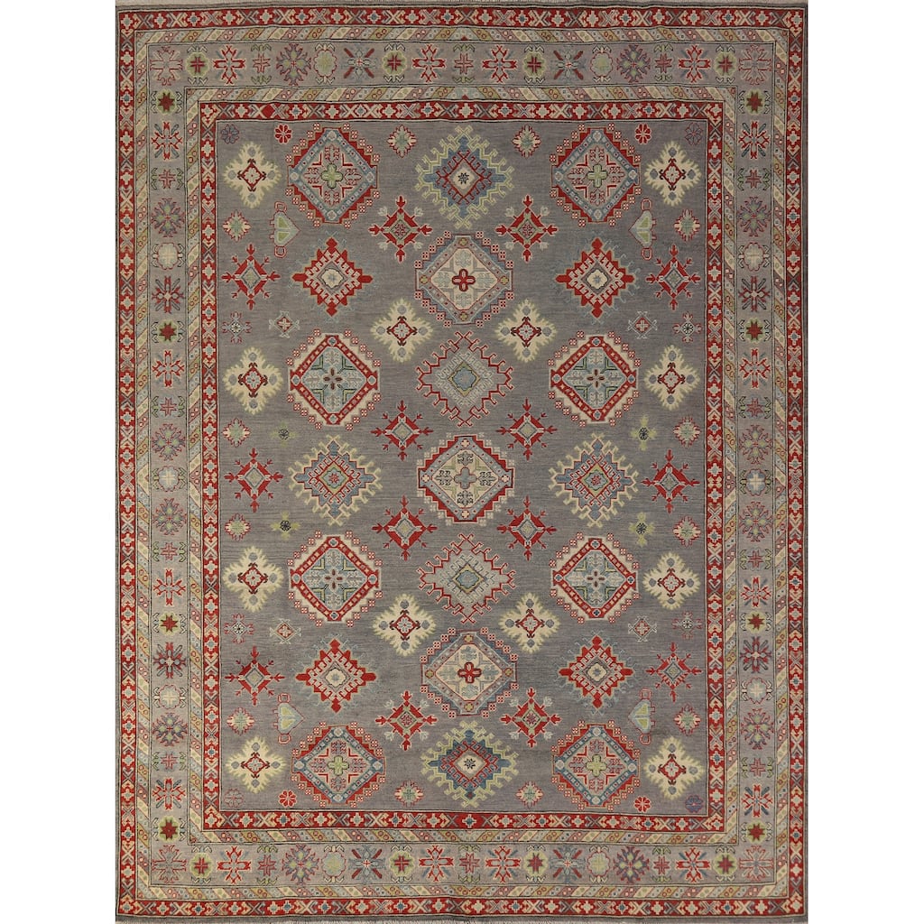 Hand Knotted Oriental 100% Wool Carpet Traditional Geometric Greys & Charcoal Kazak Area Rug - 9' 10'' X 8' 2''