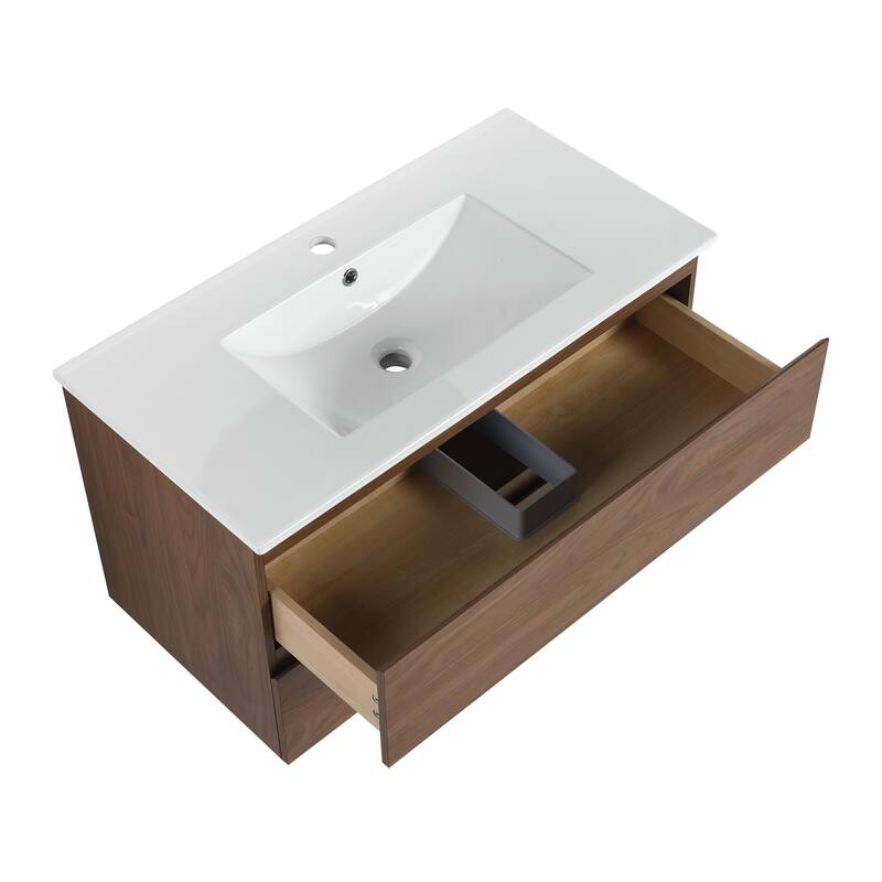 24" Floating Bathroom Vanity with Ceramic Basin, 2 Soft-Close Drawers, Eco-Friendly Plywood Construction