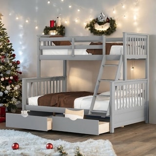 Twin-Over-Full Bunk Bed with Ladders and Drawers, Grey